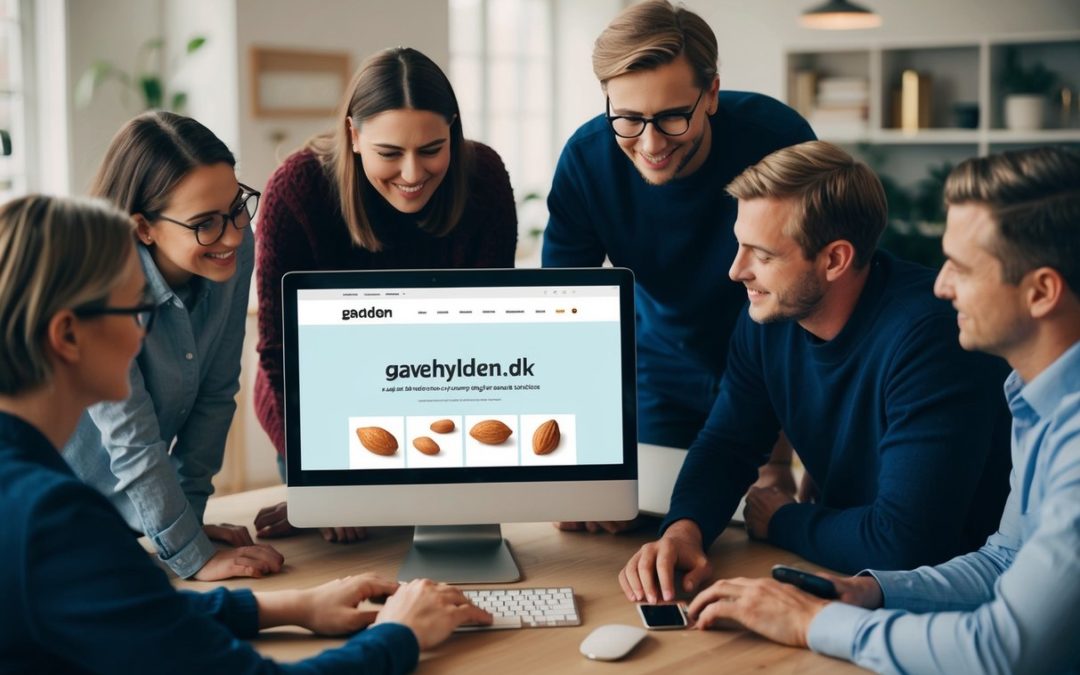 En gruppe mennesker samlet omkring en computer der browser gennem websitet gavehyldendk for inspiration til årets mandelgave