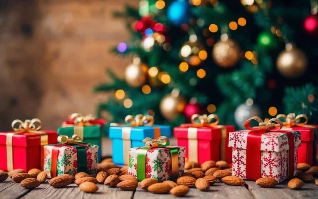 A festive holiday table with colorful and unique almond gifts for both children and adults creating a special and joyful Christmas atmosphere in Danish is: Et festligt julebord med farverige og unikke mandelgaver til både børn og voksne der skaber en særlig og glædelig julestemning